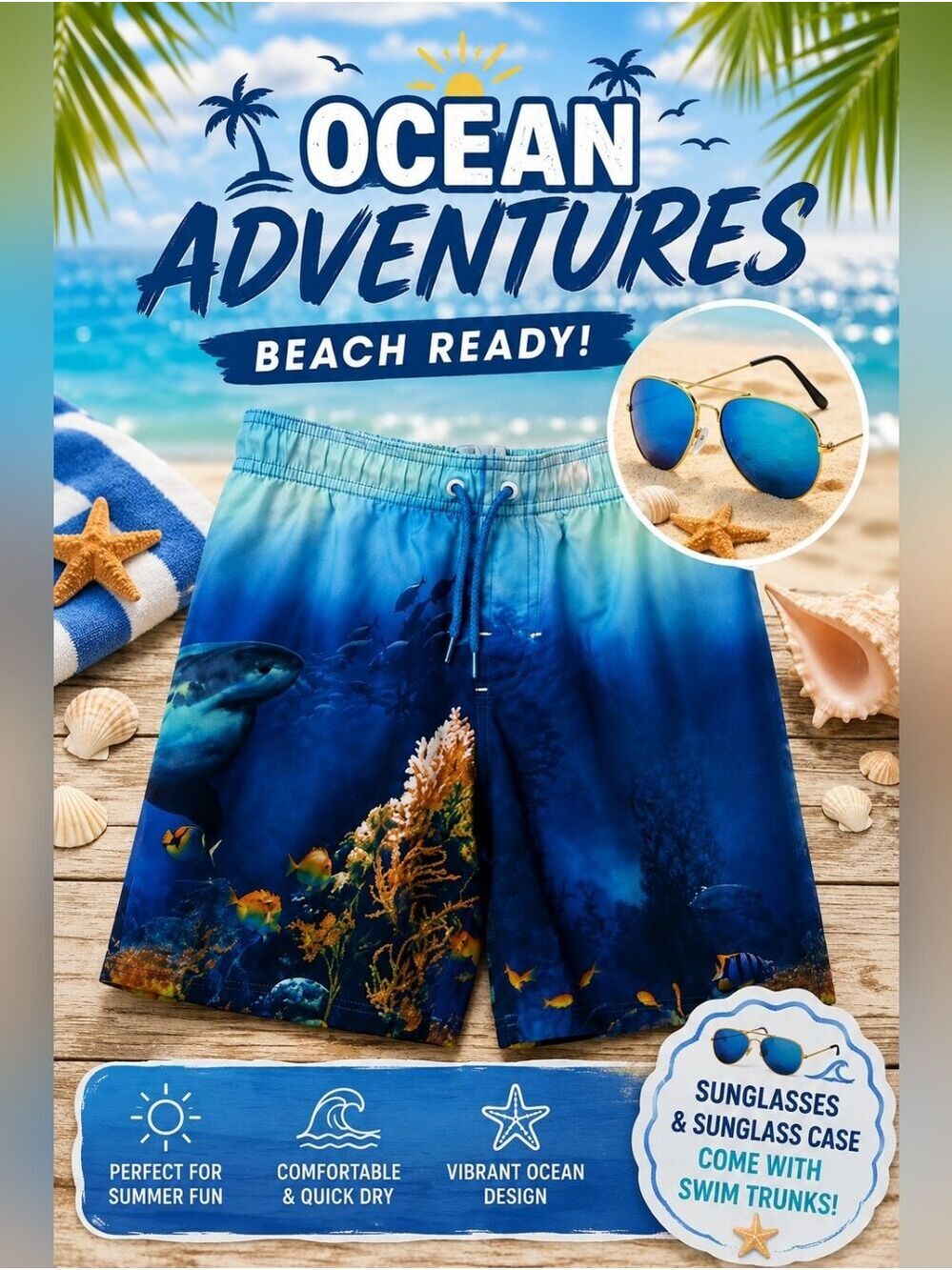 Boys Swim Trunks Blue Ocean Adventure Print With Sunglasses Beach Set